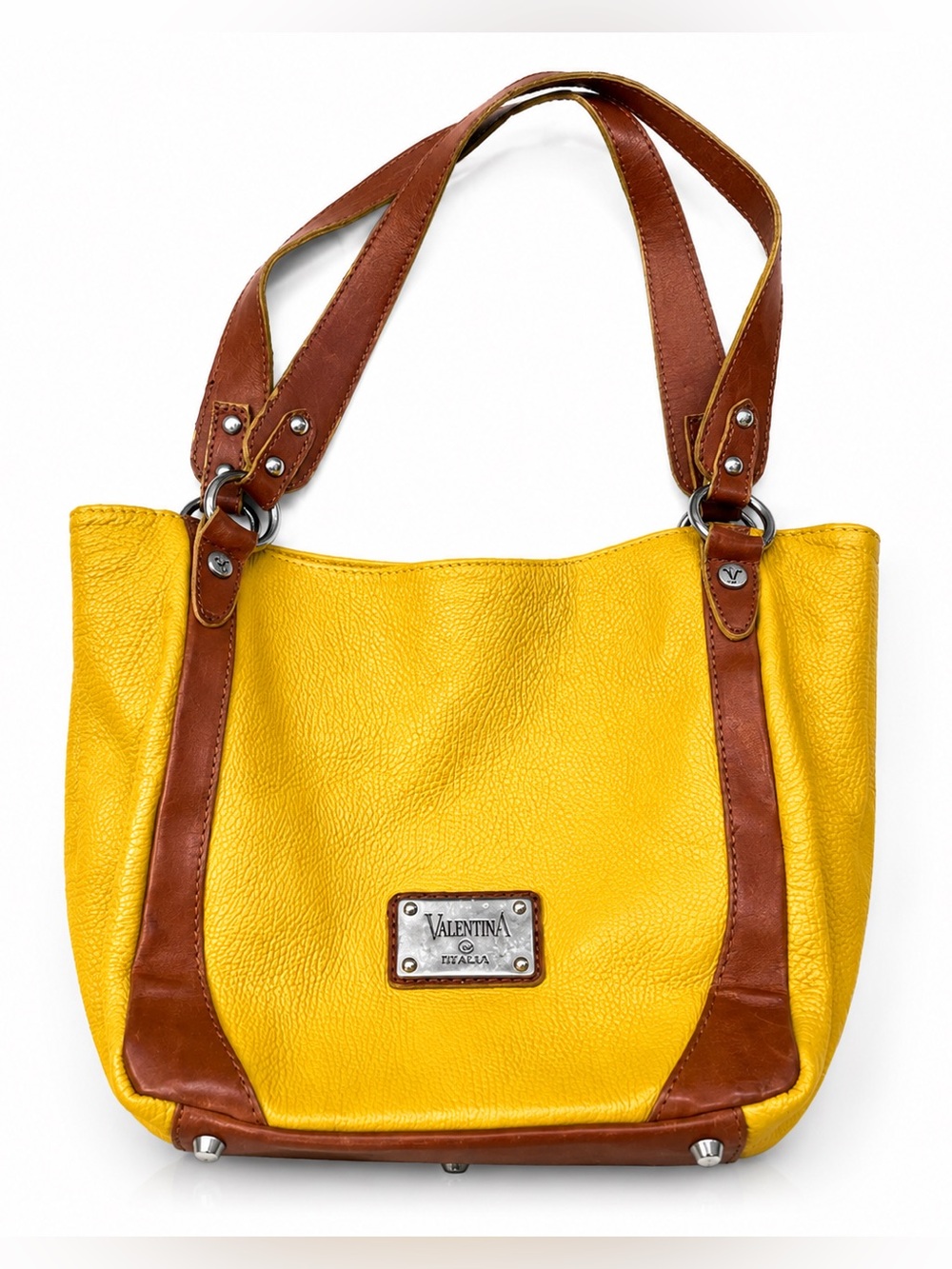 Valentina Italia Yellow Pebbled Leather Tote Bag Brown Trim Bag Made in Italy